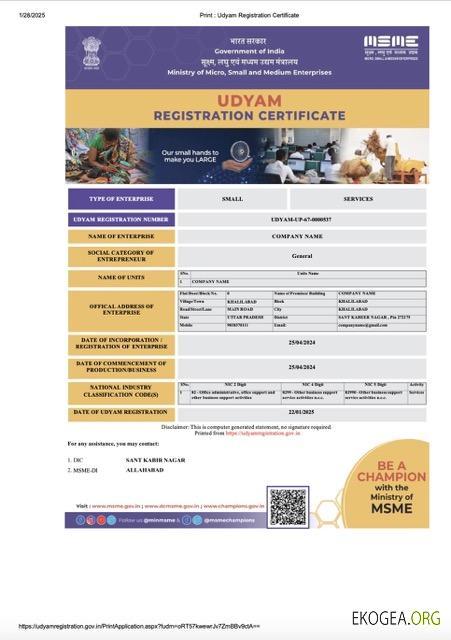 Modèle Word et PDF de certificat d'enregistrement India Udyam, version 5